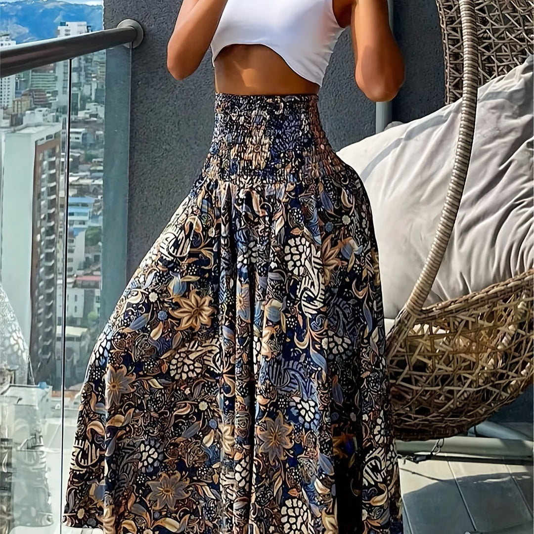 Floral Print Wide Leg Pants, Boho Shirred High Waist Loose Flare Pants For Spring & Summer, Women's Clothing