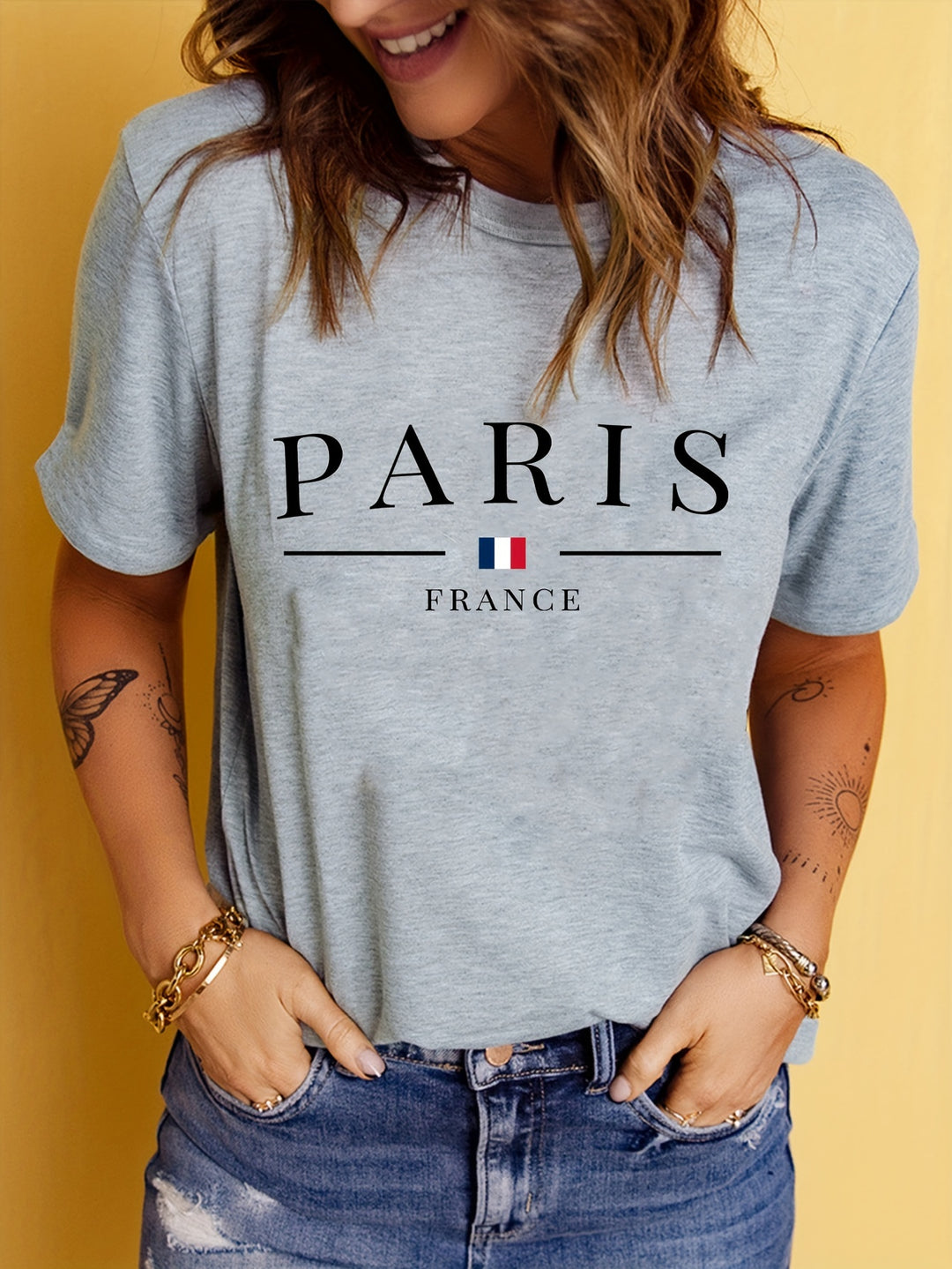 PARIS Print T-shirt, Short Sleeve Crew Neck Casual Top For Summer & Spring, Women's Clothing