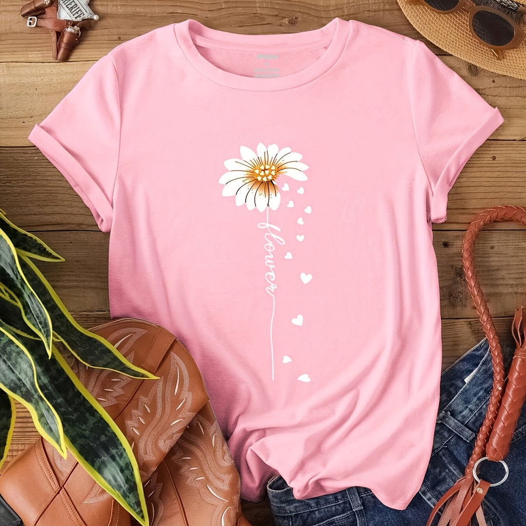 Faith Letter & Flower Print T-shirt, Casual Short Sleeve Crew Neck Top, Women's Clothing, Valentine's Day