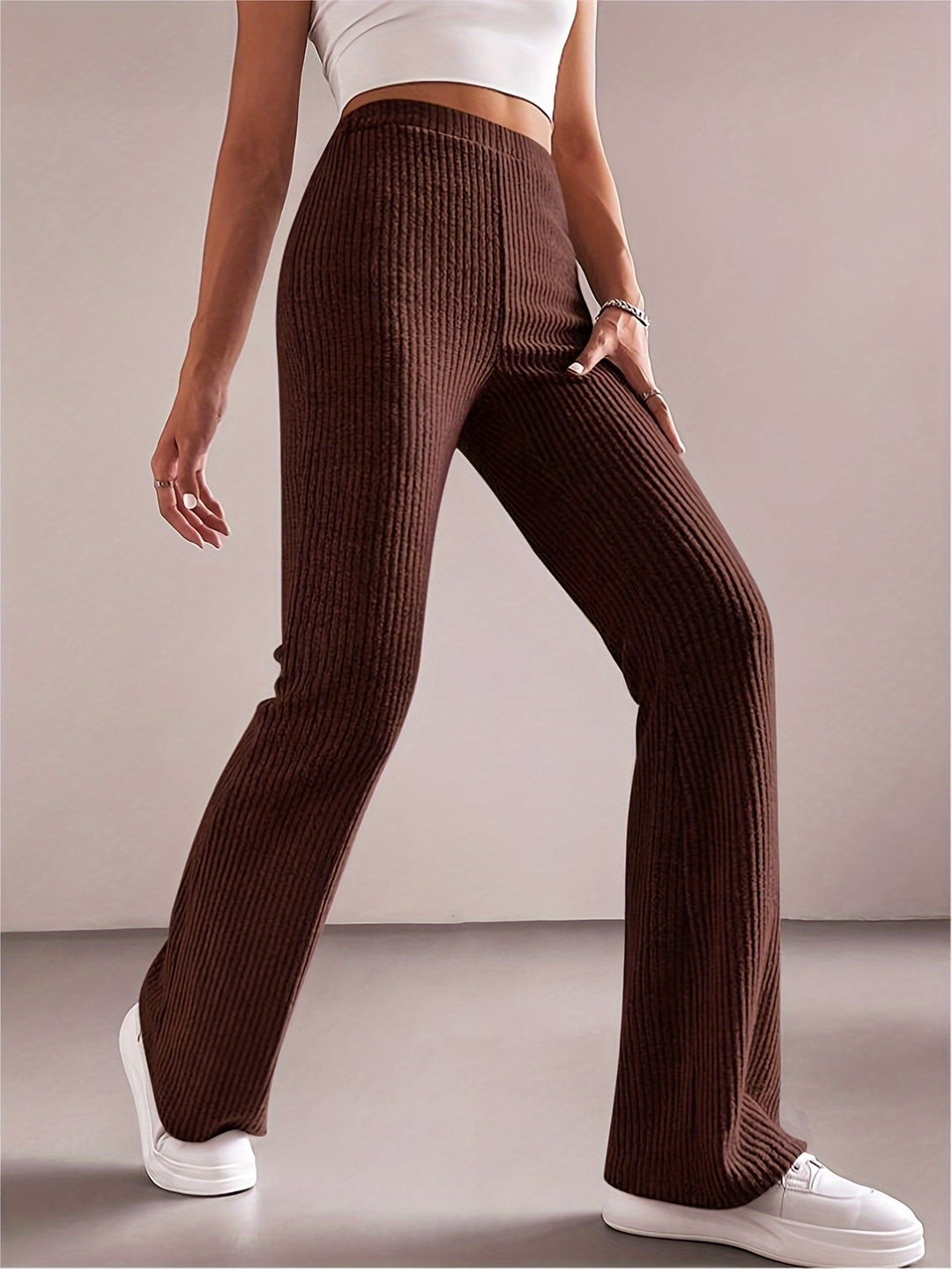 Solid High Waist Pants, Elegant Flare Leg Pants, Women's Clothing