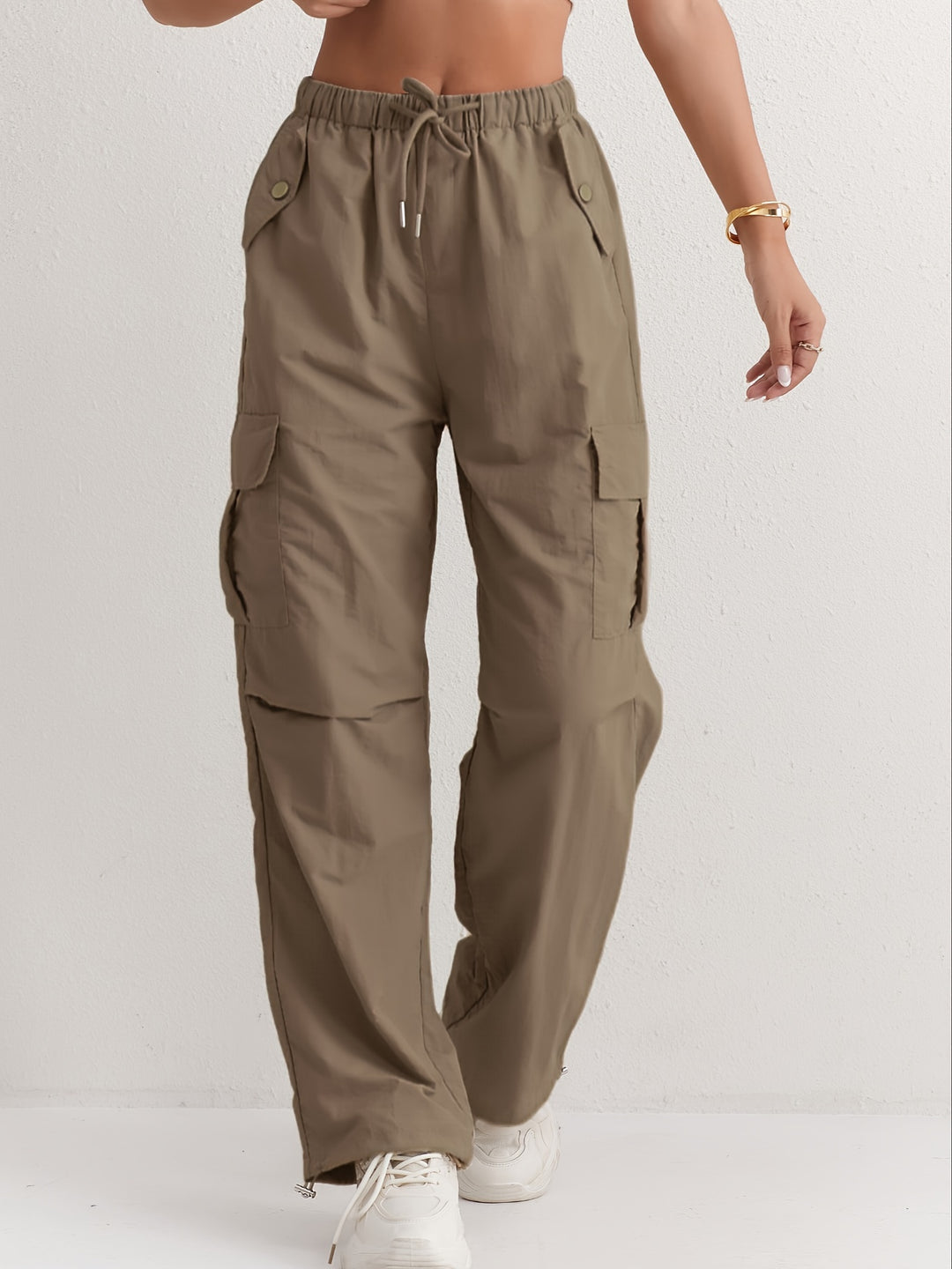 Slant Pockets Straight Leg Cargo Pants, Casual Drawstring Waist Pants For Spring & Summer, Women's Clothing