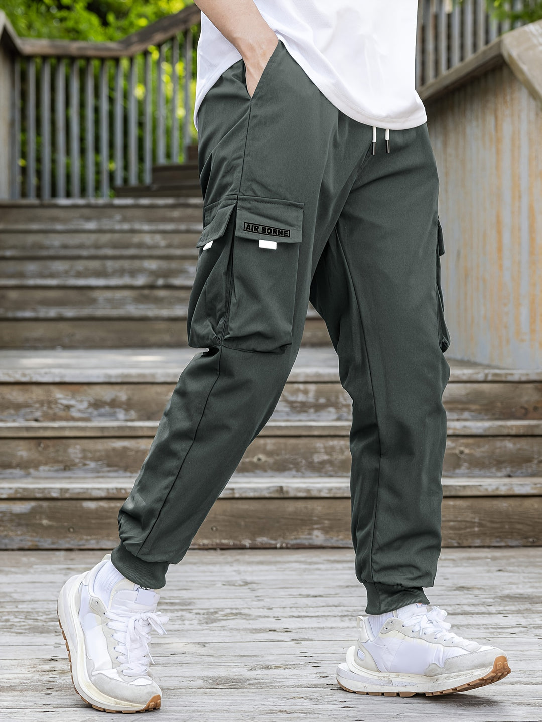 Loose Men's Comfy Cargo Pants With Flap Pockets, Drawstring Jogger Pants