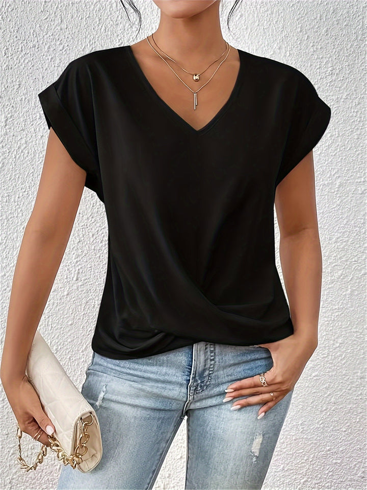 Knot V Neck T-Shirt, Casual Short Sleeve T-Shirt For Spring & Summer, Women's Clothing