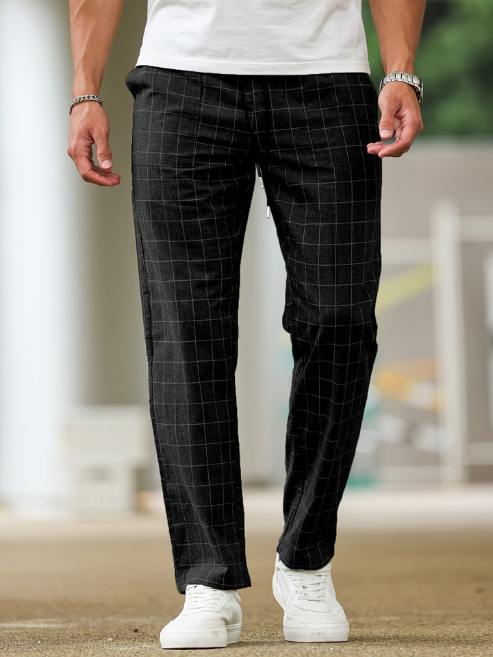 Men's Casual Striped Plaid Pants - Polyester, Drawstring Waist, Perfect for Spring/Fall