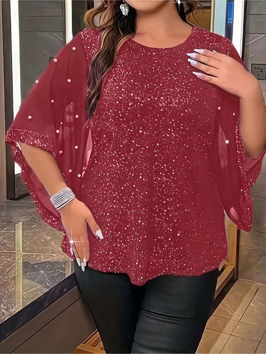 Plus Size Shiny Solid Beaded Top, Casual Crew Neck Irregular Sleeve Top For Spring & Summer, Women's Plus Size Clothing