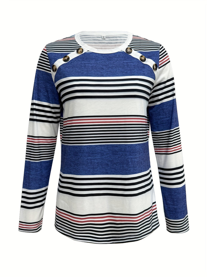 Elegant Women's Striped Long Sleeve T-Shirt with Chic Button Detail - Crew Neck, Comfort Fit, Machine Washable - Perfect for Daily Wear