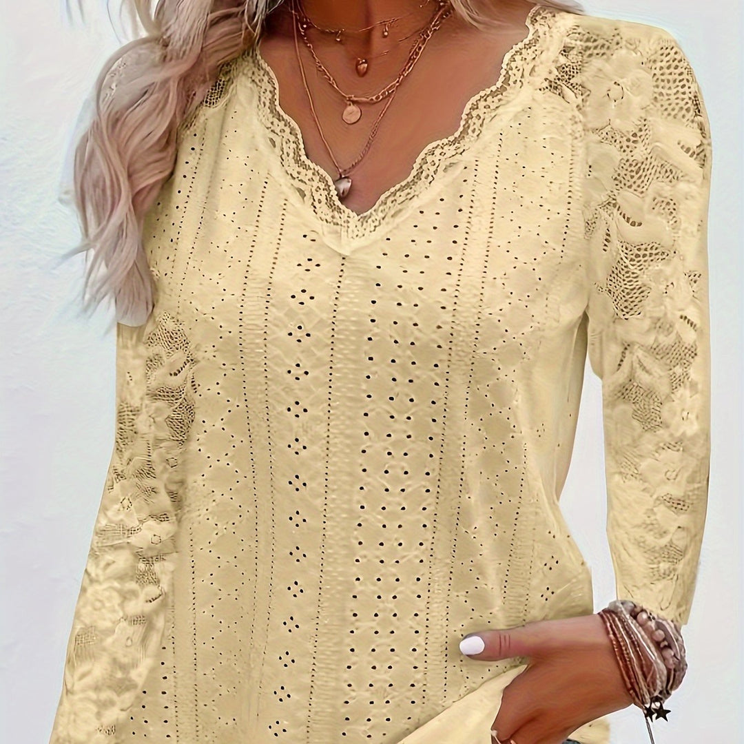 Contrast Lace V-neck Eyelet T-Shirt, Elegant Long Sleeve T-Shirt For Spring & Fall, Women's Clothing