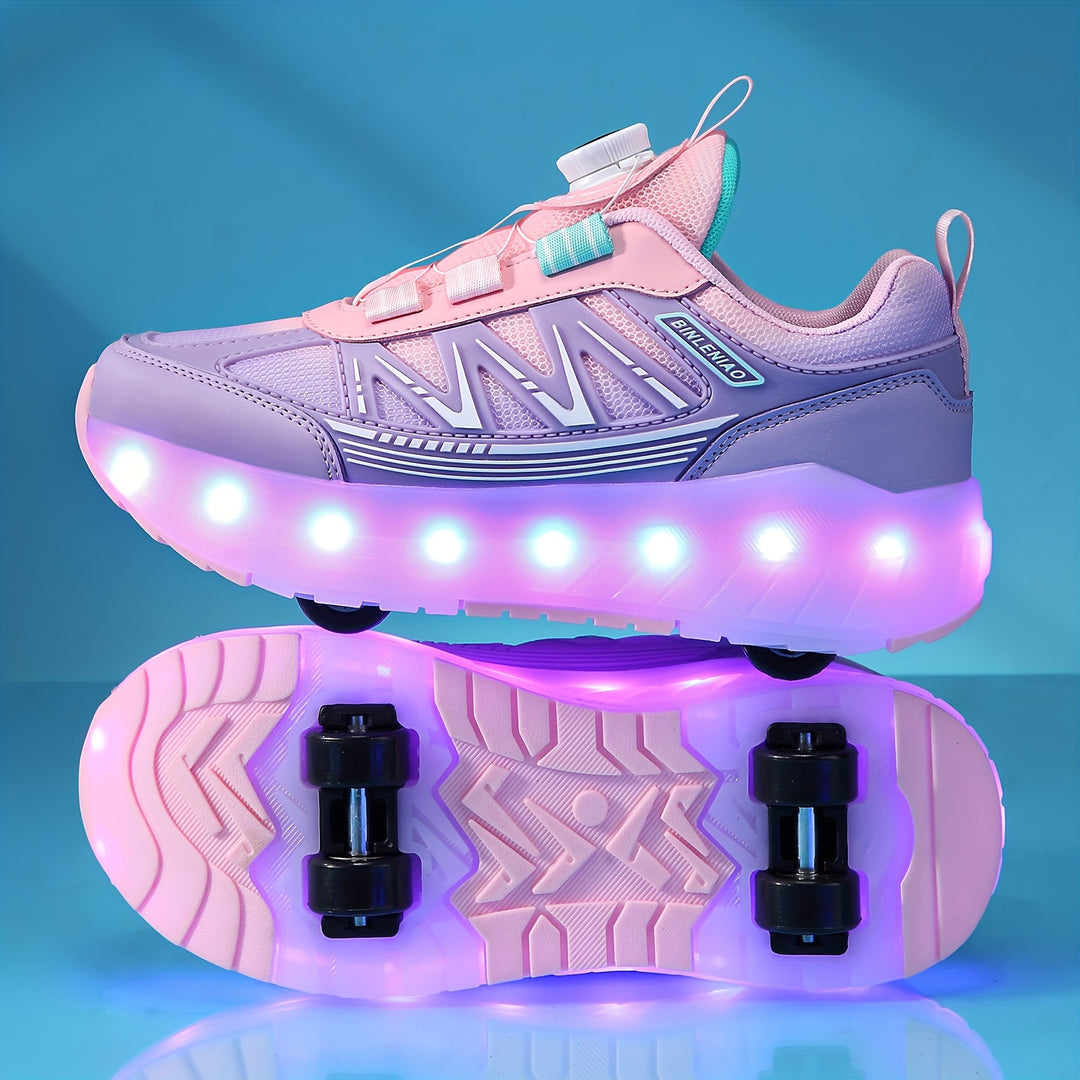 Girls' Dual-Purpose LED Light-Up Roller Skate Shoes with 16 Flashing Modes, Pink & Purple - Casual & Outdoor Sneakers with Rotary Buckle, Breathable Fabric, Low Top, Lightweight EVA/TPR Sole for Hiking, Daily Wear - All-Seaso