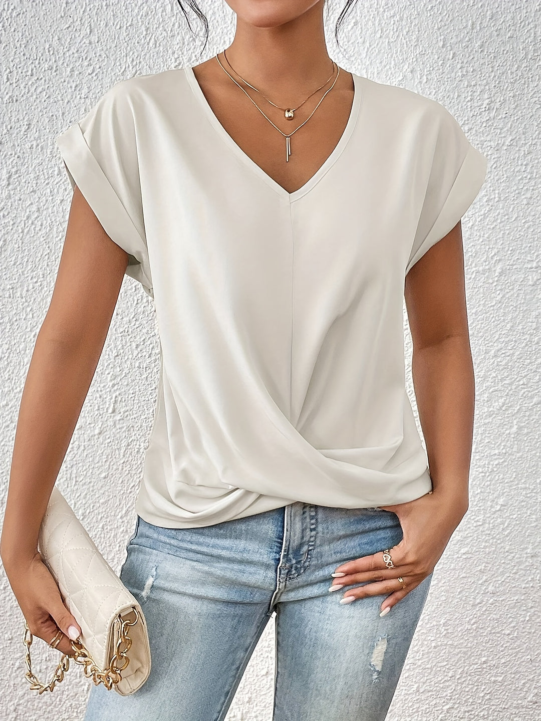 Knot V Neck T-Shirt, Casual Short Sleeve T-Shirt For Spring & Summer, Women's Clothing