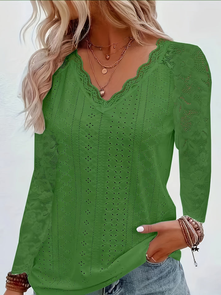 Contrast Lace V-neck Eyelet T-Shirt, Elegant Long Sleeve T-Shirt For Spring & Fall, Women's Clothing