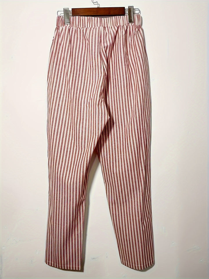 Womens Breathable Striped Drawstring Pants - Lightweight Pocketed Spring/Summer Casual Wear