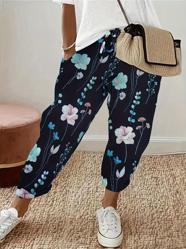 Women's Versatile Floral Drawstring Pants - Straight-Leg Style with Dual Pockets, Comfort-Fit for All Seasons, Ideal for Casual Outings and Everyday Wear