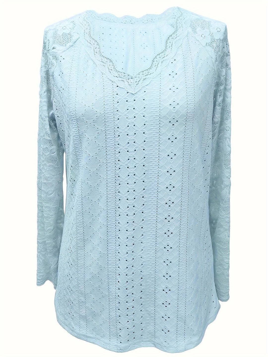 Contrast Lace V-neck Eyelet T-Shirt, Elegant Long Sleeve T-Shirt For Spring & Fall, Women's Clothing