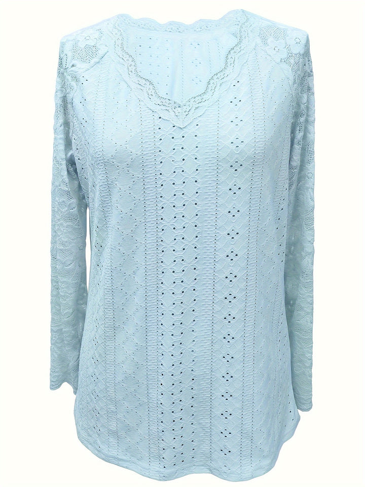 Contrast Lace V-neck Eyelet T-Shirt, Elegant Long Sleeve T-Shirt For Spring & Fall, Women's Clothing