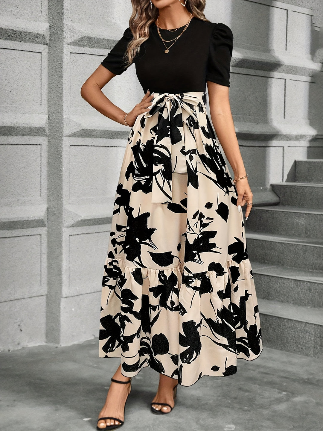 Floral Print Tie Waist A-line Dress