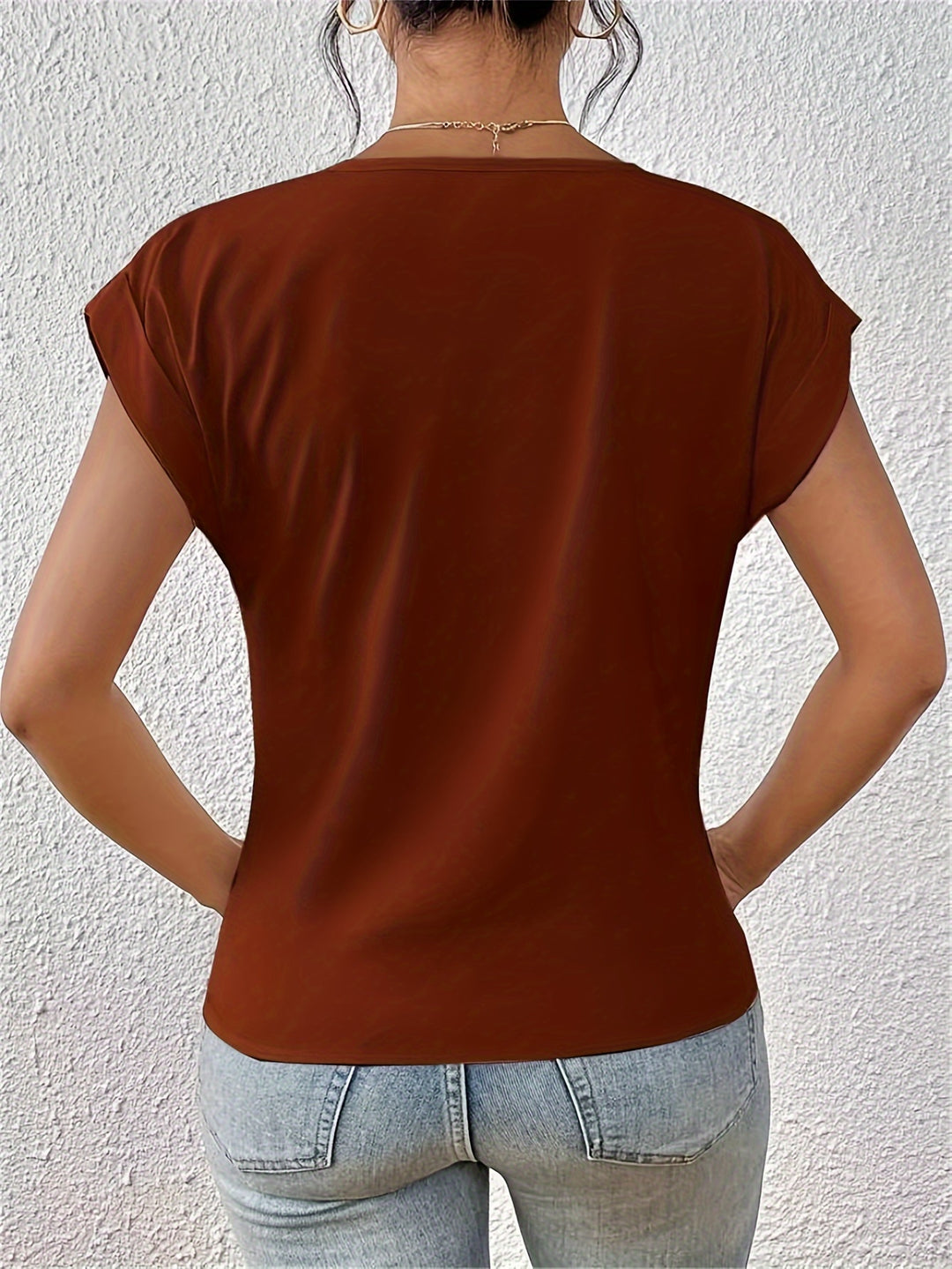 Knot V Neck T-Shirt, Casual Short Sleeve T-Shirt For Spring & Summer, Women's Clothing