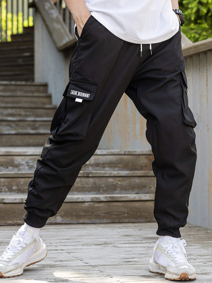 Loose Men's Comfy Cargo Pants With Flap Pockets, Drawstring Jogger Pants