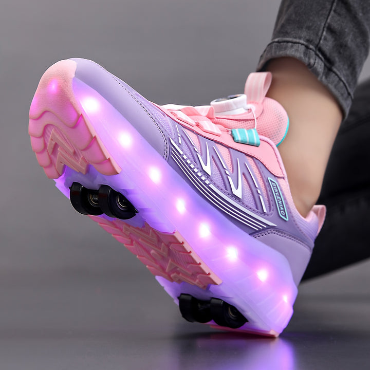 Girls' Dual-Purpose LED Light-Up Roller Skate Shoes with 16 Flashing Modes, Pink & Purple - Casual & Outdoor Sneakers with Rotary Buckle, Breathable Fabric, Low Top, Lightweight EVA/TPR Sole for Hiking, Daily Wear - All-Seaso