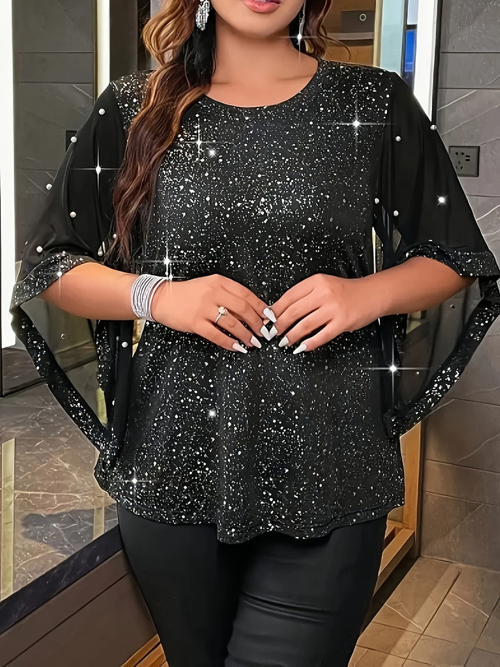 Plus Size Shiny Solid Beaded Top, Casual Crew Neck Irregular Sleeve Top For Spring & Summer, Women's Plus Size Clothing