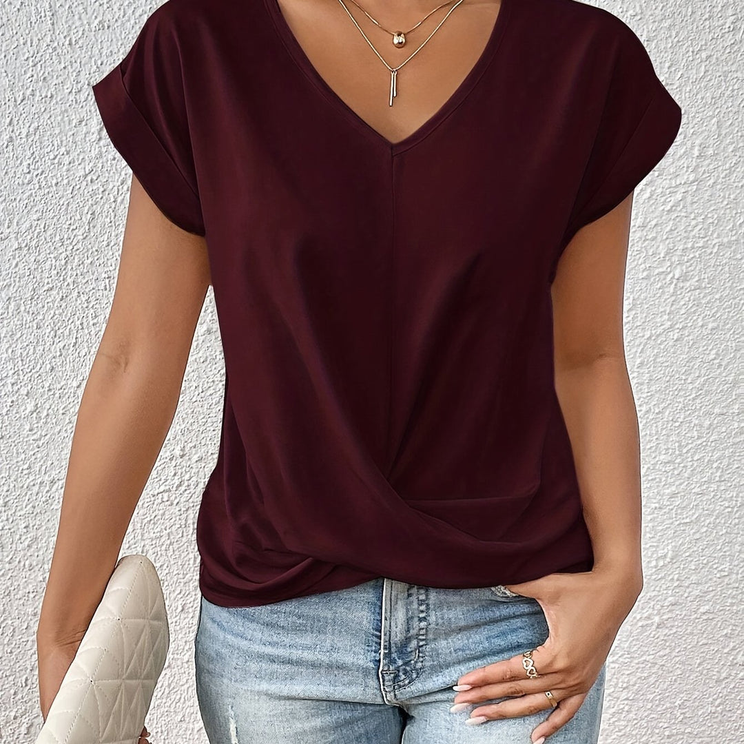 Knot V Neck T-Shirt, Casual Short Sleeve T-Shirt For Spring & Summer, Women's Clothing