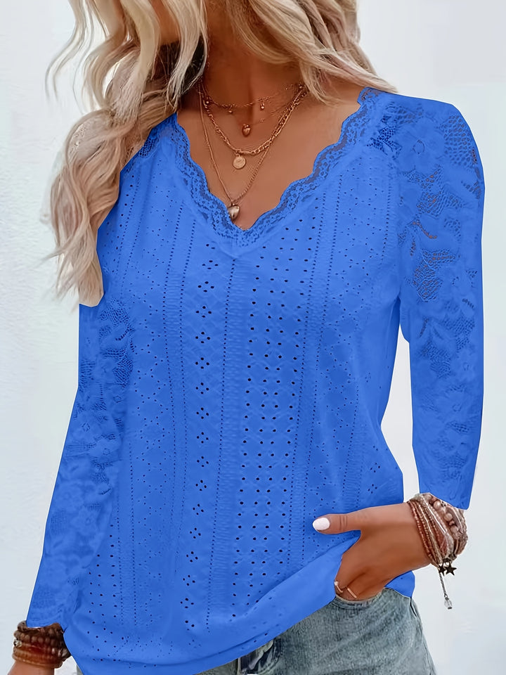 Contrast Lace V-neck Eyelet T-Shirt, Elegant Long Sleeve T-Shirt For Spring & Fall, Women's Clothing