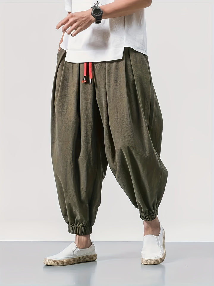 Men's Casual Solid Comfy Harem Pants With Drawstring, Hip Hop Style Trousers For Spring And Autumn