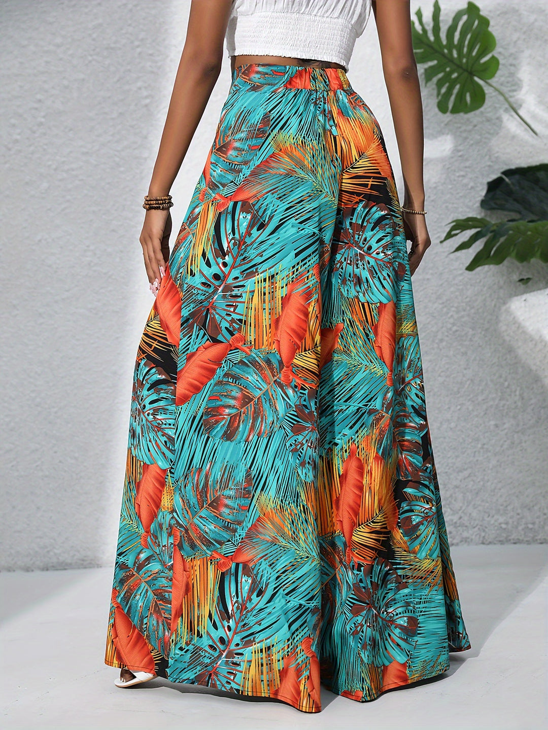 Bohemian Chic Plants Print Palazzo Pants - Casual High Waist Elastic Wide Leg - Perfect for Summer Beach Vacations - Comfortable Womens Clothing