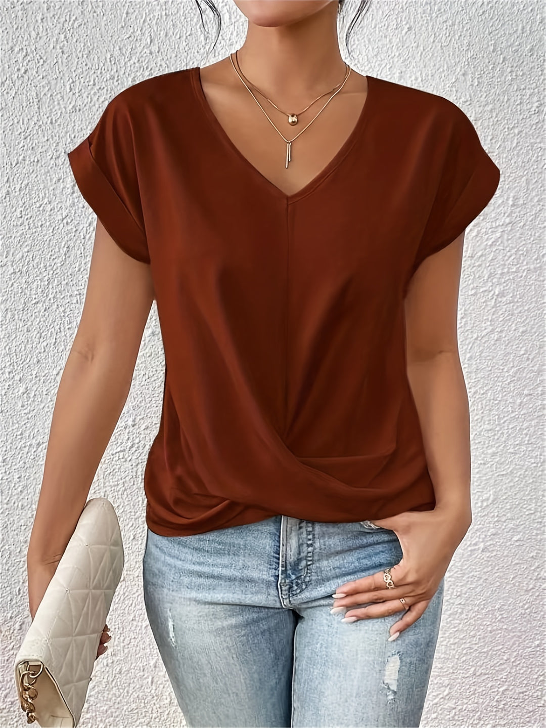 Knot V Neck T-Shirt, Casual Short Sleeve T-Shirt For Spring & Summer, Women's Clothing