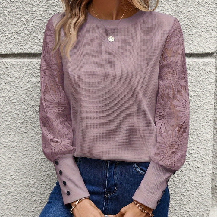 Contrast Lace Splicing Crew Neck T-shirt, Elegant Long Sleeve Top For Spring & Fall, Women's Clothing