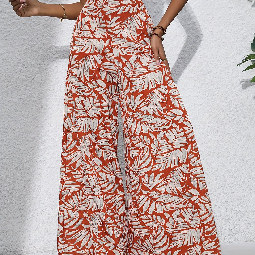 Bohemian Chic Plants Print Palazzo Pants - Casual High Waist Elastic Wide Leg - Perfect for Summer Beach Vacations - Comfortable Womens Clothing