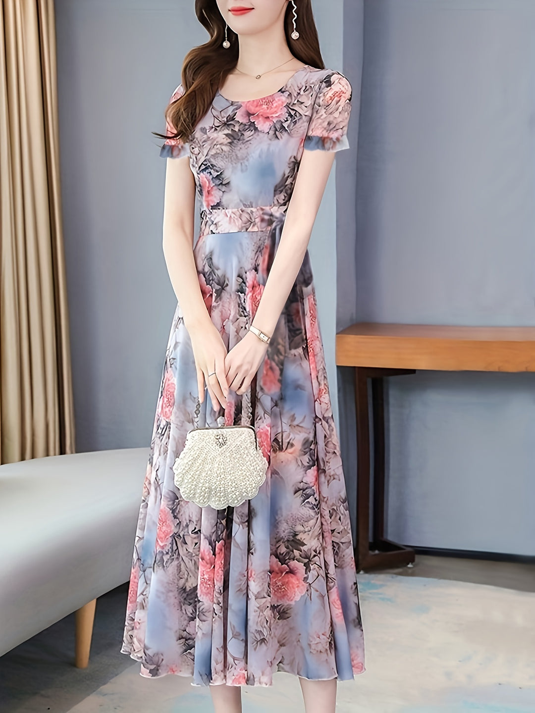 Floral Print Crew Neck Dress, Elegant Short Sleeve Dress For Spring & Summer, Women's Clothing For Elegant Dressing