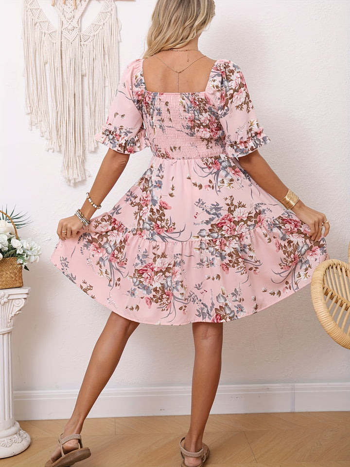 Floral Print Square Neck Shirred Dress, Elegant Short Sleeve Ruffle Hem A-line Dress for Spring & Summer, Women's Clothing