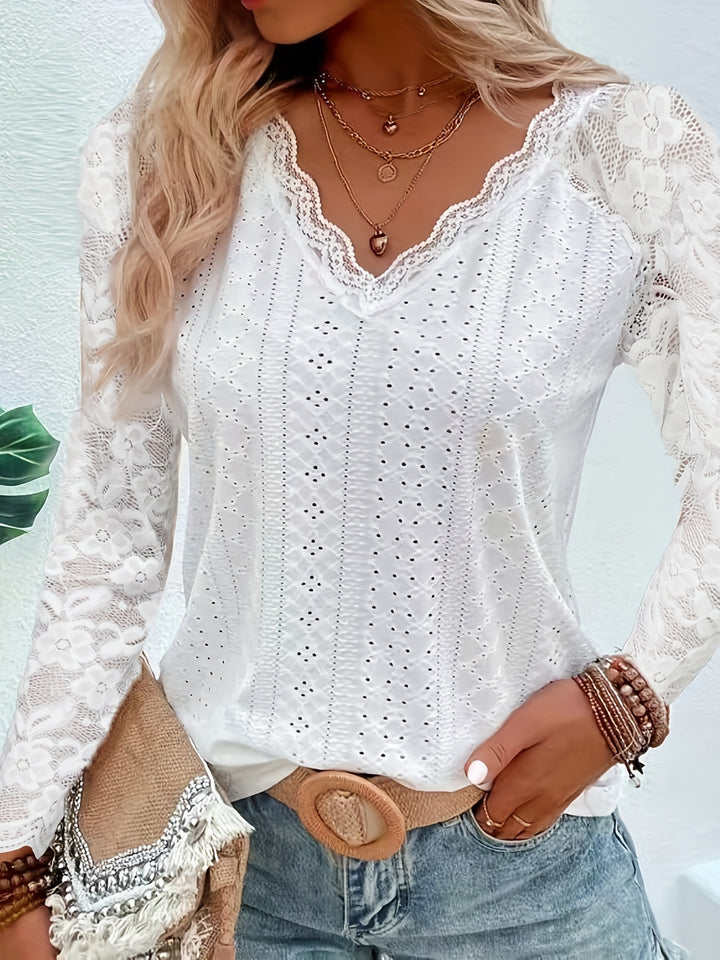 Contrast Lace V-neck Eyelet T-Shirt, Elegant Long Sleeve T-Shirt For Spring & Fall, Women's Clothing