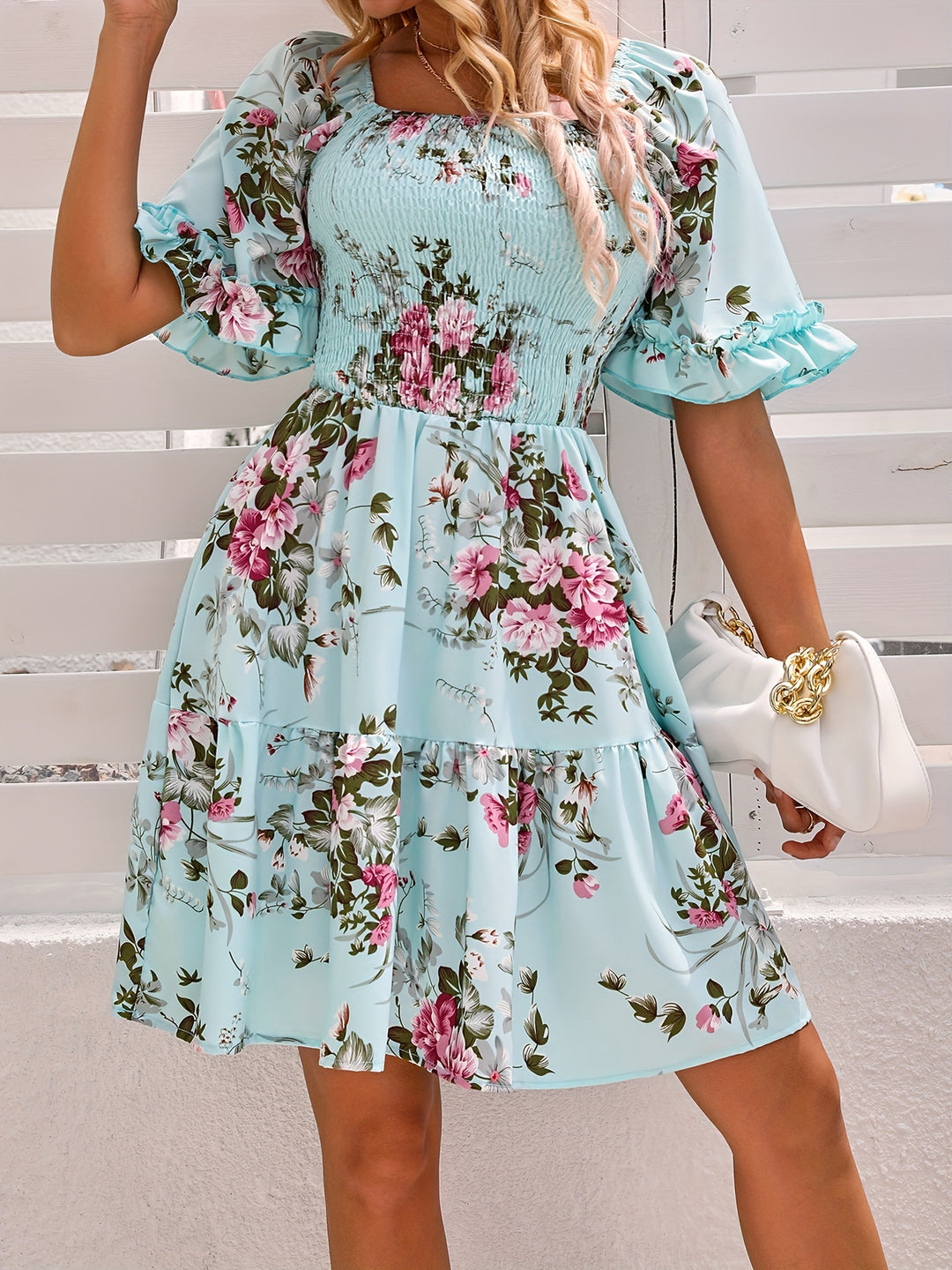 Floral Print Square Neck Shirred Dress, Elegant Short Sleeve Ruffle Hem A-line Dress for Spring & Summer, Women's Clothing