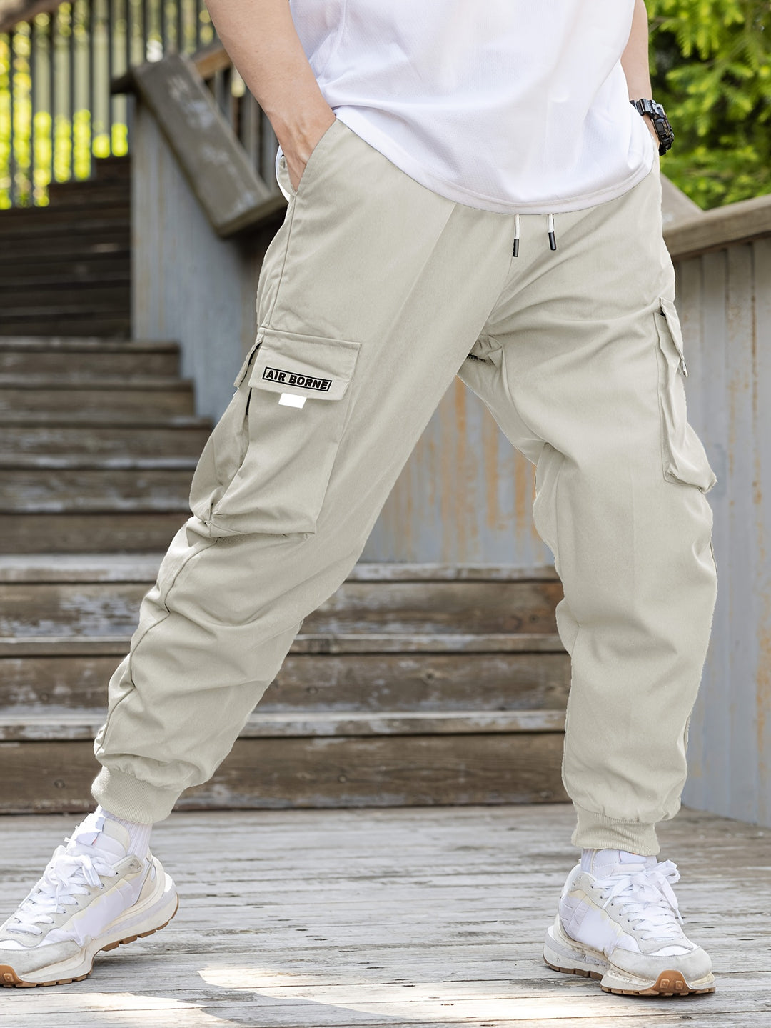 Loose Men's Comfy Cargo Pants With Flap Pockets, Drawstring Jogger Pants