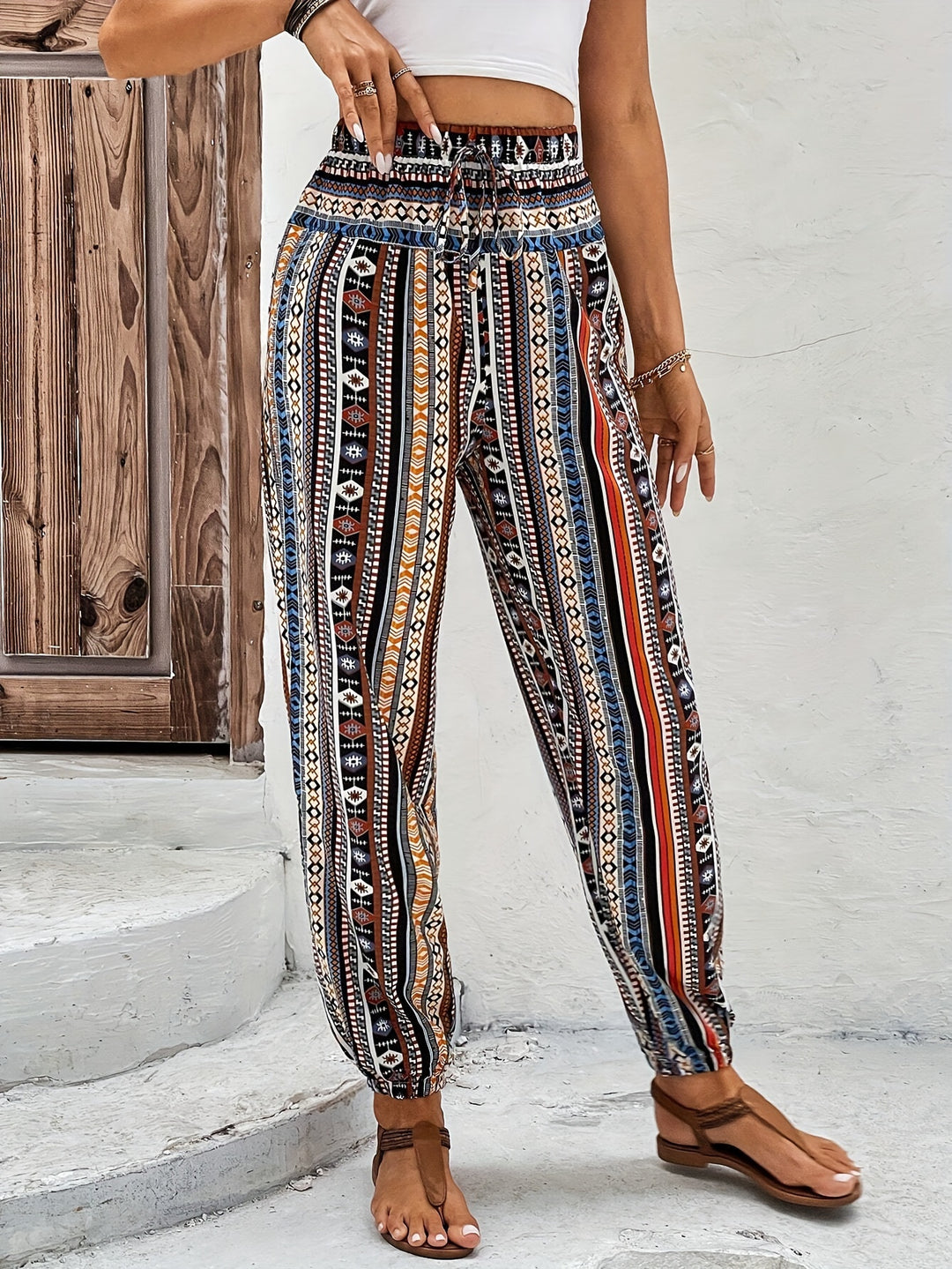 Tribal Print Drawstring Jogger Pants, Vacation High Waist Jogger Pants For Spring & Summer, Women's Clothing