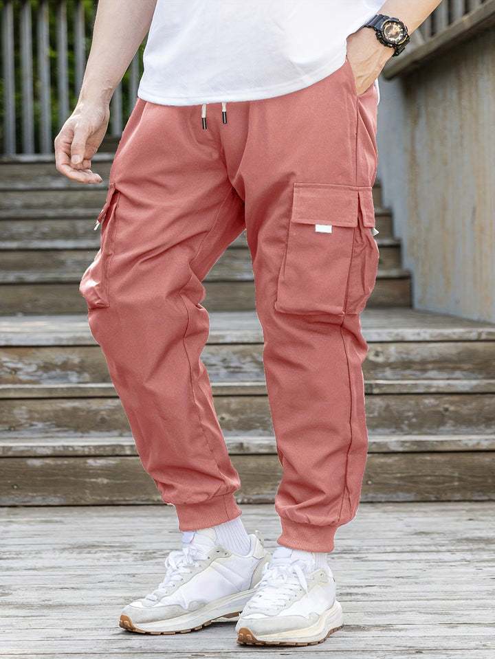 Loose Men's Comfy Cargo Pants With Flap Pockets, Drawstring Jogger Pants