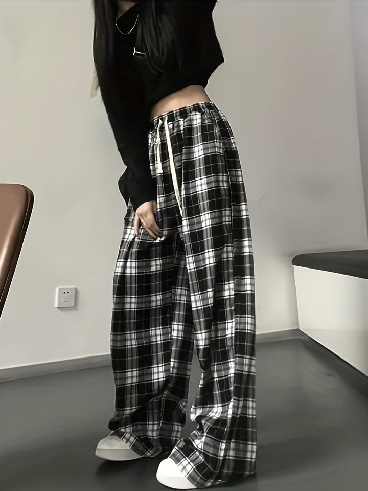 Women's Plaid Gothic Pants with Elastic Waist and Loose Wide Legs