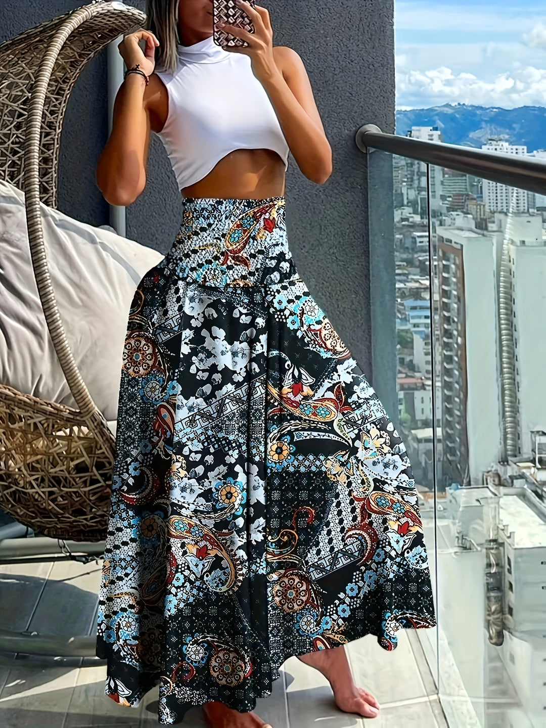 Floral Print Wide Leg Pants, Boho Shirred High Waist Loose Flare Pants For Spring & Summer, Women's Clothing