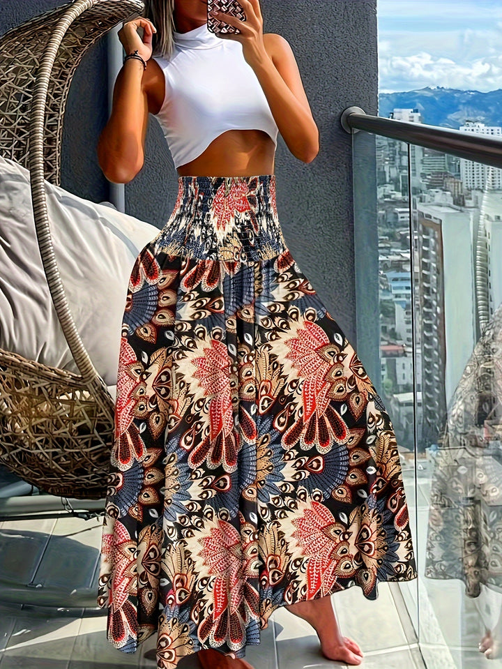 Vibrant Boho Floral Print High Waist Shirred Waist Pants - Soft, Breathable, Comfortable, Versatile, and Flattering - Perfect for Spring and Summer, Womens Casual Clothing, Ideal for Outdoor Activities and Daily Wear