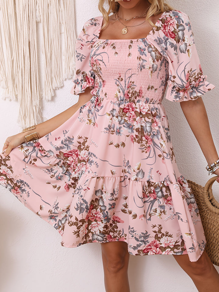 Floral Print Square Neck Shirred Dress, Elegant Short Sleeve Ruffle Hem A-line Dress for Spring & Summer, Women's Clothing