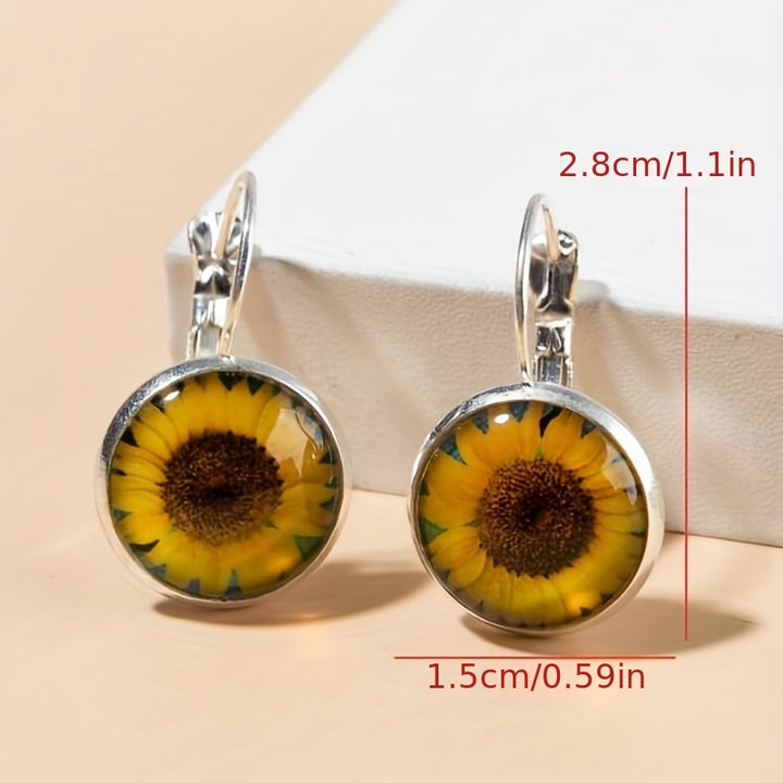 Vintage Time Gemstone Glass Earrings Sunflower Tree Butterfly Pattern Ear Jewelry