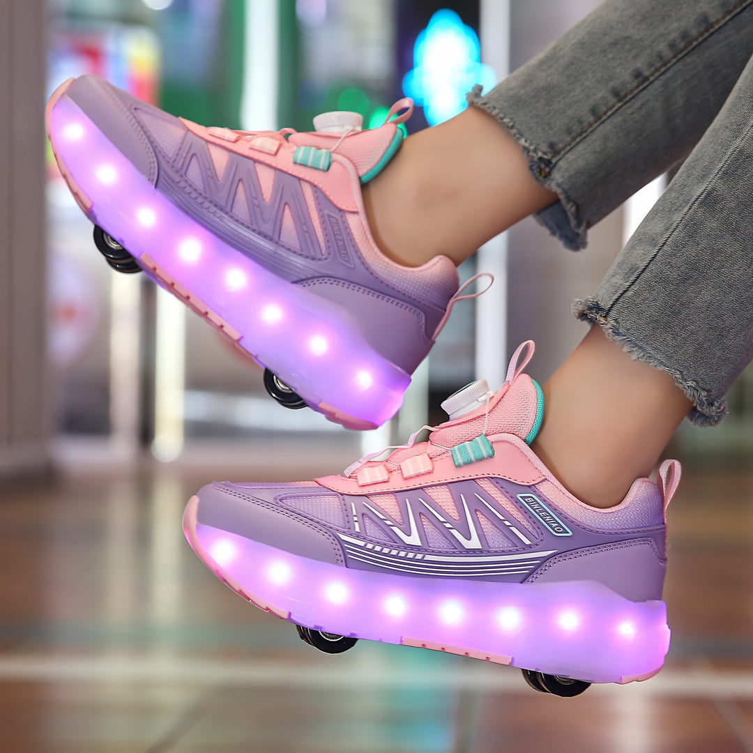 Girls' Dual-Purpose LED Light-Up Roller Skate Shoes with 16 Flashing Modes, Pink & Purple - Casual & Outdoor Sneakers with Rotary Buckle, Breathable Fabric, Low Top, Lightweight EVA/TPR Sole for Hiking, Daily Wear - All-Seaso