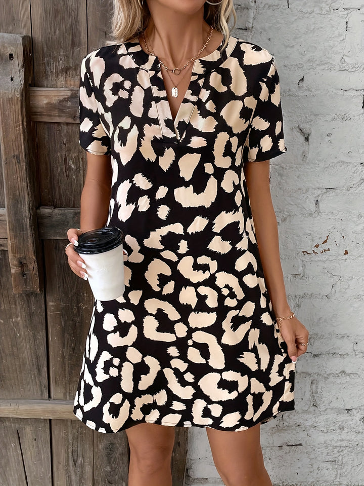 Allover Print V Neck Dress – Casual Short Sleeve