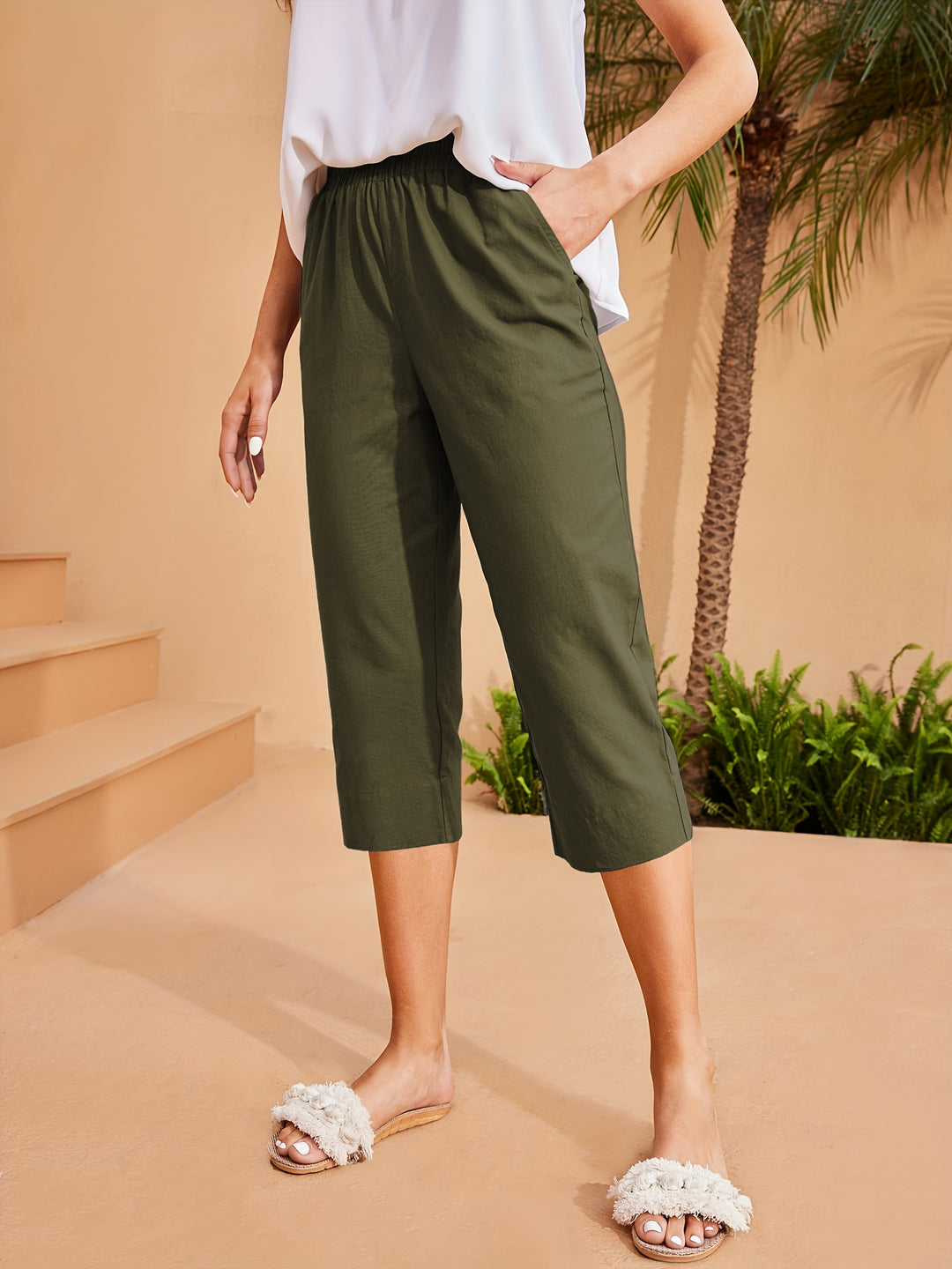 Durable Build| Women's Lightweight Linen-Blend Wide-Leg Capris with Dual Pockets - Casual Elastic Waist, Solid Color, Perfect for Spring/Summer/Fall