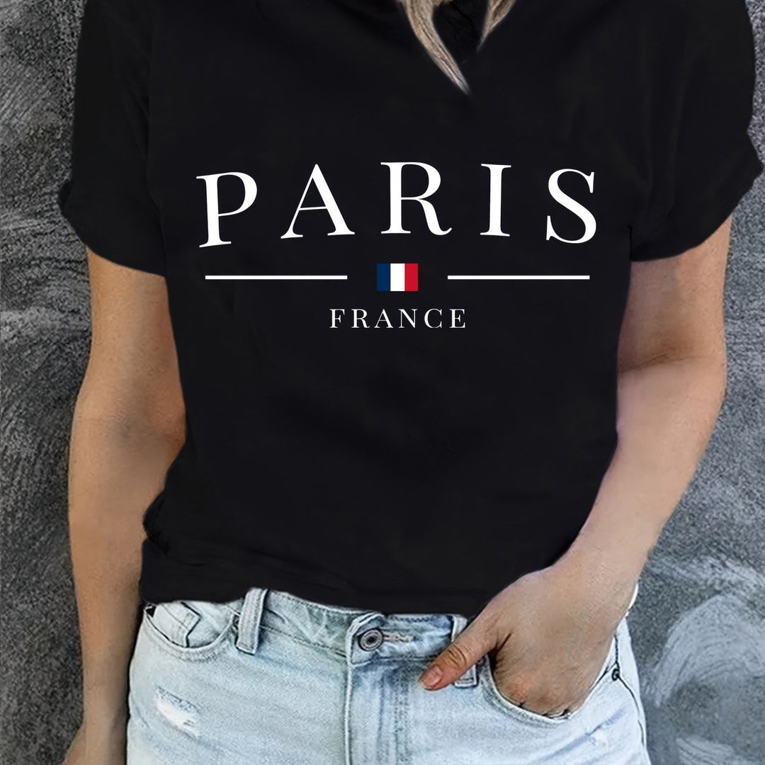 PARIS Print T-shirt, Short Sleeve Crew Neck Casual Top For Summer & Spring, Women's Clothing