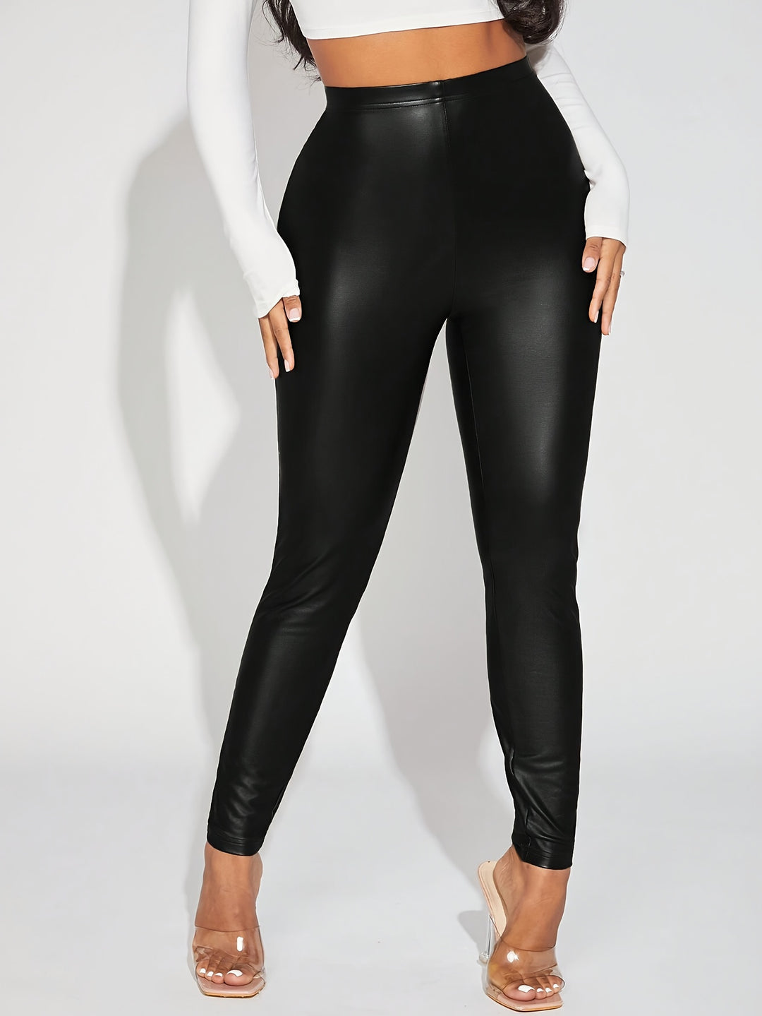 [Popular Choice] Women's Sleek Faux Leather Skinny Pants - High-Waisted, Stretchy Polyester Blend, Solid Black, All-Season Wear, Non-Transparent with Smooth Finish