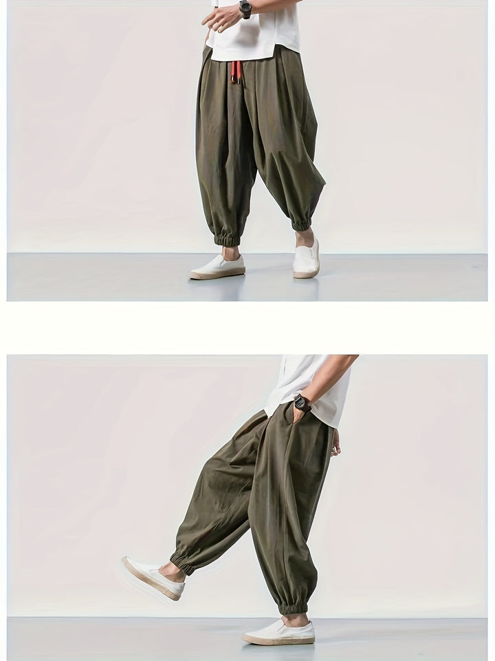 Men's Casual Solid Comfy Harem Pants With Drawstring, Hip Hop Style Trousers For Spring And Autumn