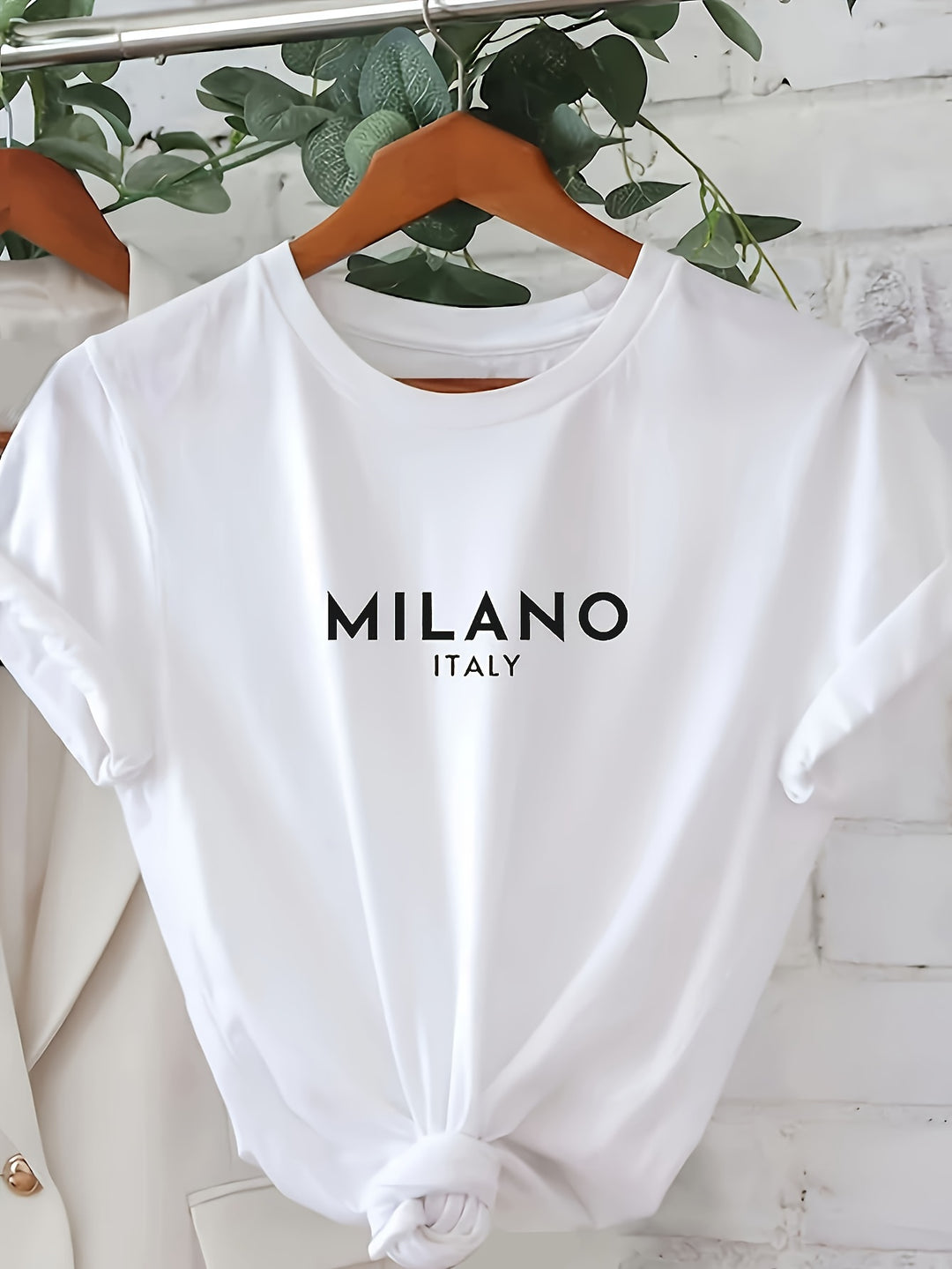 Milano Letter Print T-shirt, Casual Crew Neck Short Sleeve Top For Spring & Summer, Women's Clothing