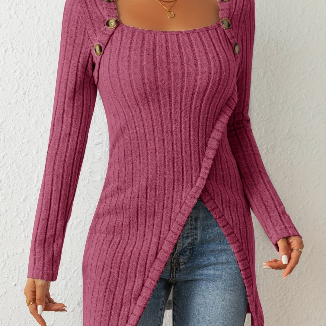 Square Neck Slim Fit Knit Button Decor Slit Hem Slim Fit Casual Long Sleeve T-shirt